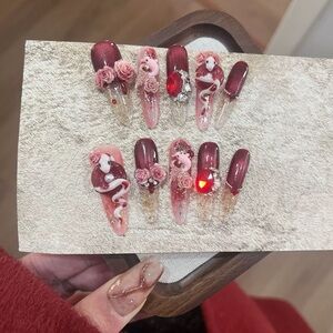 Elegant Burgundy and Pink Nail Set with Rose Accents Handcrafted Press-On Nails